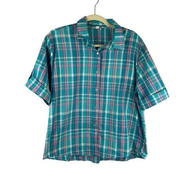 Vintage 90s High Style Plaid Shirt Women XL Blue Pink Button Front Grandma Retro - Picture 2 of 8